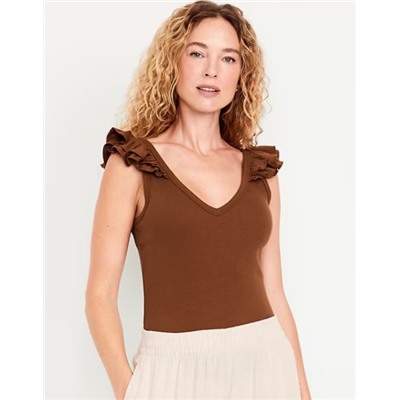 Ruffle-Trim Mixed Material Top