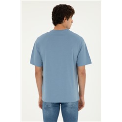 Erkek Comfort Fit Bisiklet Yaka İndigo Tişört