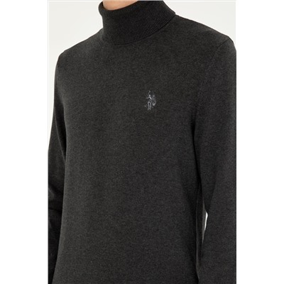 Erkek Slim Fit Boğazlı Yaka Antrasit Melanj Basic Kazak