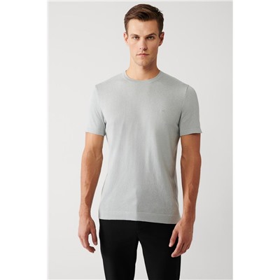 Gri Bisiklet Yaka Pamuklu Regular Fit Standart Kesim İnce Triko T-Shirt