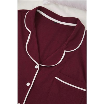 Bordo Biye Detaylı Gömlek Yaka Örme Pijama Takımı TBBAW26AI00032