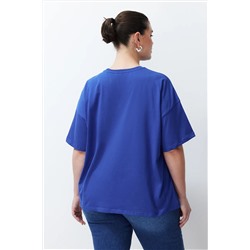 Saks Slogan Baskılı Oversize %100 Pamuk Örme Büyük Beden T-shirt TBBSS24BF00018