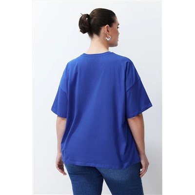 Saks Slogan Baskılı Oversize %100 Pamuk Örme Büyük Beden T-shirt TBBSS24BF00018