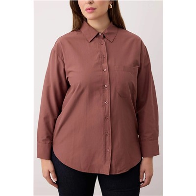 Kahverengi Loose Fit Pamuklu Uzun Kol Büyük Beden Dokuma Gömlek TBBSS22GO0323