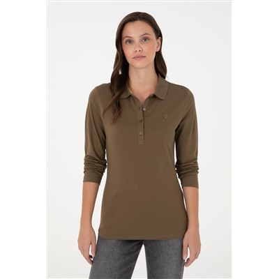 Kadın Haki Basic Polo Yaka Sweatshirt