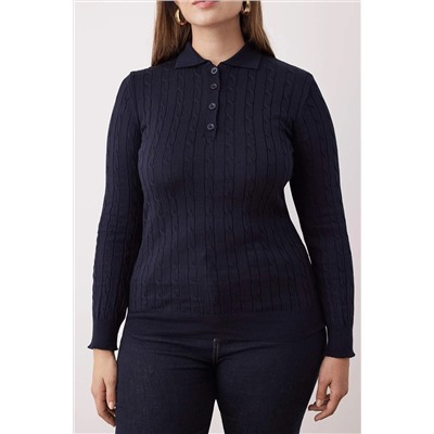 Lacivert Polo Yaka Saç Örgülü İnce Triko Bluz TBBAW26AF00005