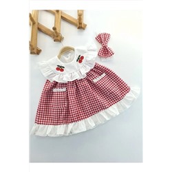 petekıds Kız Bebek Kırmızı Pötikareli Kiraz Detaylı Saç Bantlı Yazlık Elbise 04110060