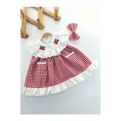 petekıds Kız Bebek Kırmızı Pötikareli Kiraz Detaylı Saç Bantlı Yazlık Elbise 04110060