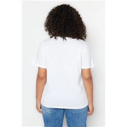 Beyaz Regular Fit Bisiklet Yaka Slogan Baskılı %100 Pamuk Örme Büyük Beden T-Shirt TBBSS23BF00034