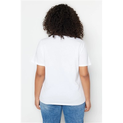 Beyaz Regular Fit Bisiklet Yaka Slogan Baskılı %100 Pamuk Örme Büyük Beden T-Shirt TBBSS23BF00034