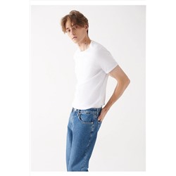 Mavi Bisiklet Yaka Beyaz Basic Tişört Fitted / Vücuda Oturan Kesim 06605622