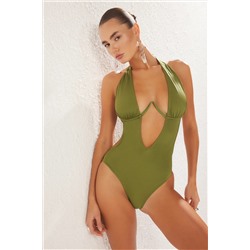 TRENDYOLMİLLA Haki Balkonet Ters V Balenli High Leg Brazilian Mayokini TBESS23MA00008