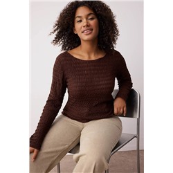 Kahverengi Fitted/Vücuda Oturan Dokulu Tül Esnek Örme Büyük Beden Bluz TBBAW26AF00030