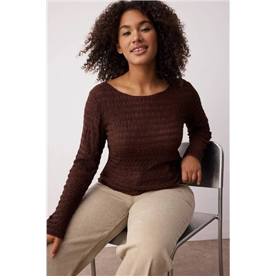 Kahverengi Fitted/Vücuda Oturan Dokulu Tül Esnek Örme Büyük Beden Bluz TBBAW26AF00030