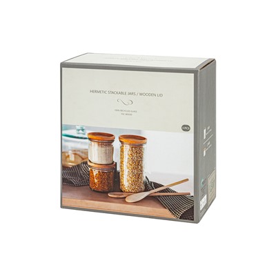 Банка для сыпучих продуктов, 820/350 мл, 3 шт, стекло/дерево, Jars, 63299