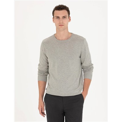 Açık Gri Melanj Slim Fit Bisiklet Yaka Basic Triko Kazak