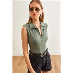 Olalook, Kadın Çağla Yeşili Polo Yaka Düğmeli Altı Çıtçıtlı Bodysuit BDY-00000049