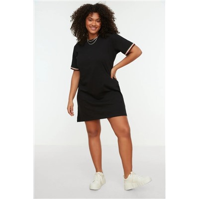 Siyah Bisiklet Yaka %100 Pamuk Kolları Biye Detaylı Örme Büyük Beden T-shirt Elbise TBBSS22EL1591