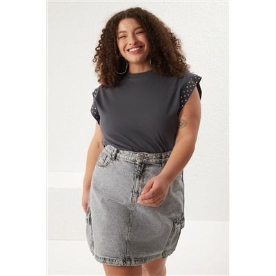 Antrasit Bisiklet Yaka Troklu %100 Pamuk Örme Büyük Beden T-shirt TBBSS25BF00010