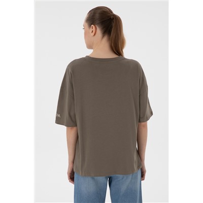Kadın Vizon Oversize Bisiklet Yaka Tişört