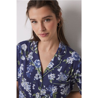 Pijama largo camisero 100% algodón azul flores