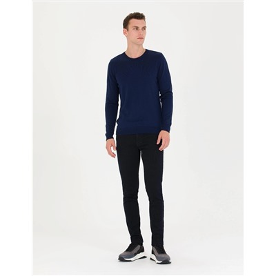 Açık Lacivert Slim Fit Bisiklet Yaka Basic Triko Kazak
