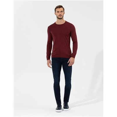 Bordo Slim Fit Bisiklet Yaka Basic Triko Kazak