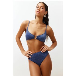 TRENDYOLMİLLA Saks Bralet Aksesuarlı Simli Yüksek Bel Regular Bikini Takımı TBESS24BT00073