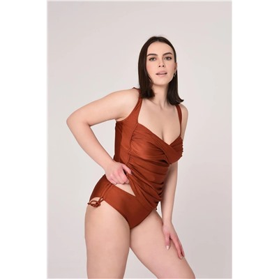 AQUAVİVA, Aquaviva Kadın Büyük Beden Tarçın Drape Detaylı Toparlayıcı Yanı Sürgülü Tankini