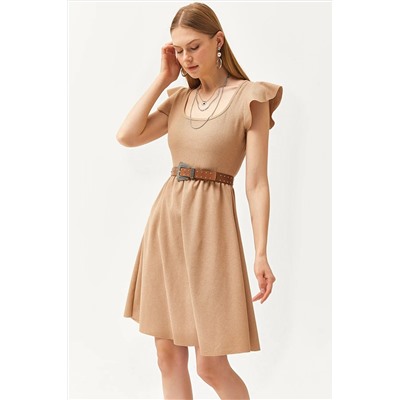 Olalook, Kadın Camel U Yaka Kol Detaylı Kloş Elbise ELB-19002094
