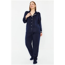 Trendyol Curve Lacivert Polar Uyku Bantlı Örme Pijama Takımı TBBAW24AI00041