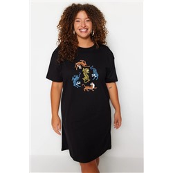 Siyah Bisiklet Yaka Leopar Baskılı %100 Pamuk Örme Büyük Beden T-shirt Elbise TBBSS23AH00163