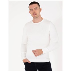 Ekru Slim Fit Bisiklet Yaka Basic Triko Kazak