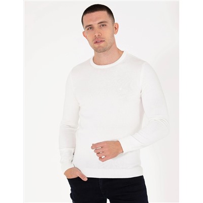 Ekru Slim Fit Bisiklet Yaka Basic Triko Kazak