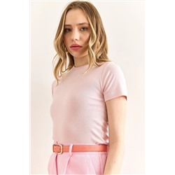 Olalook, Kadın Pembe Bisiklet Yaka Basic Tişört TSH-19000916