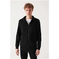 Avva Erkek Siyah Kapüşonlu Esnek Yumuşak Doku Interlok Kumaş Fermuarlı Standart Fit Normal Kesim Unisex S B001102