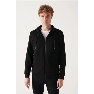 Avva Erkek Siyah Kapüşonlu Esnek Yumuşak Doku Interlok Kumaş Fermuarlı Standart Fit Normal Kesim Unisex S B001102