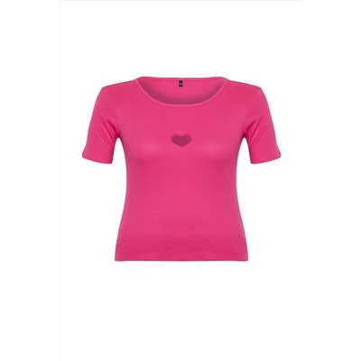 Pembe Slim Fit Kalpli Cut-Out Detaylı Fitilli %100 Pamuk Örme Büyük Beden T-shirt TBBSS24BF00006