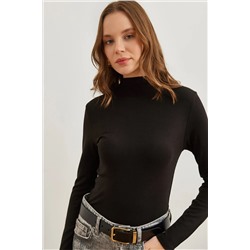 Olalook, Kadın Siyah Dik Yaka Dökümlü Soft Touch Bluz BLZ-19002758