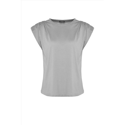 Gri Bisiklet Yaka Basic %100 Pamuk Örme Büyük Beden Bluz TBBSS23AF00053