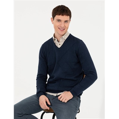 Lacivert Slim Fit V Yaka Triko Kazak