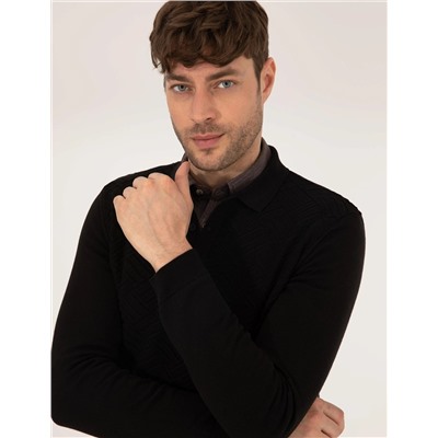 Siyah Slim Fit Polo Yaka Triko Kazak