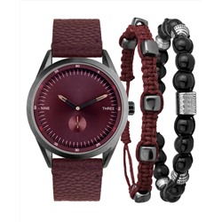 INC International Concepts Men's Burgundy Strap Watch 43mm & Bracelets Set, Created for Macy's