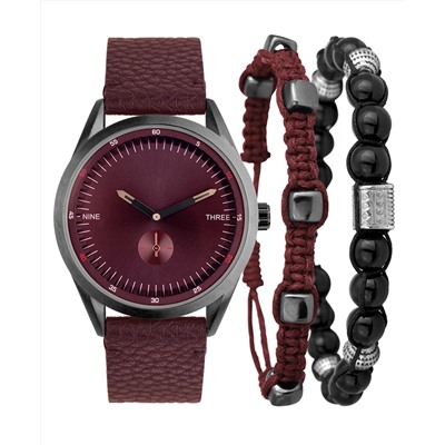 INC International Concepts Men's Burgundy Strap Watch 43mm & Bracelets Set, Created for Macy's