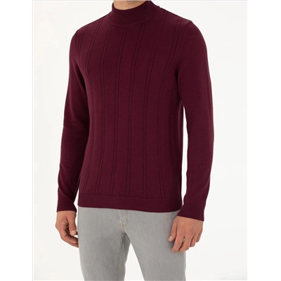 Bordo Slim Fit Yarım Balıkçı Yaka Triko Kazak