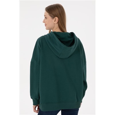 Kadın Koyu Yeşil Kapüşonlu Basic Sweatshirt