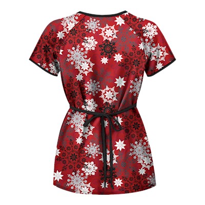 UA Festive Snowflakes Red Mock Wrap Scrub Top