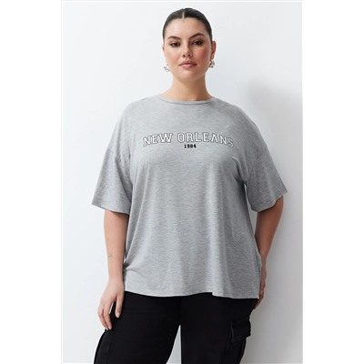 Gri Melanj Baskılı Oversize %100 Pamuk Örme T-shirt TBBSS24BF00020