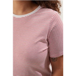 Kırmızı Çizgili Bisiklet Yaka Çizgili Örme T-Shirt TBBSS23BF00068