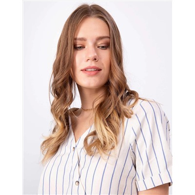Açık Mavi Crop Çizgili Kısa Kollu Bluz